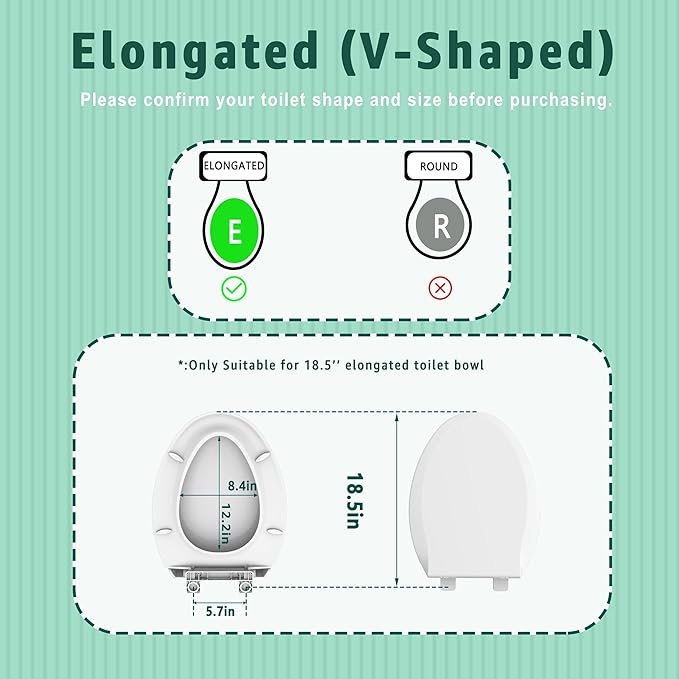 Black Toilet Seat Elongated, 18.5 x 14.2 Inch, Slow Close, Bottom-Mount Design, Fits 2-Piece Toilets, Durable & Easy to Install, PP Material Safe and Durable