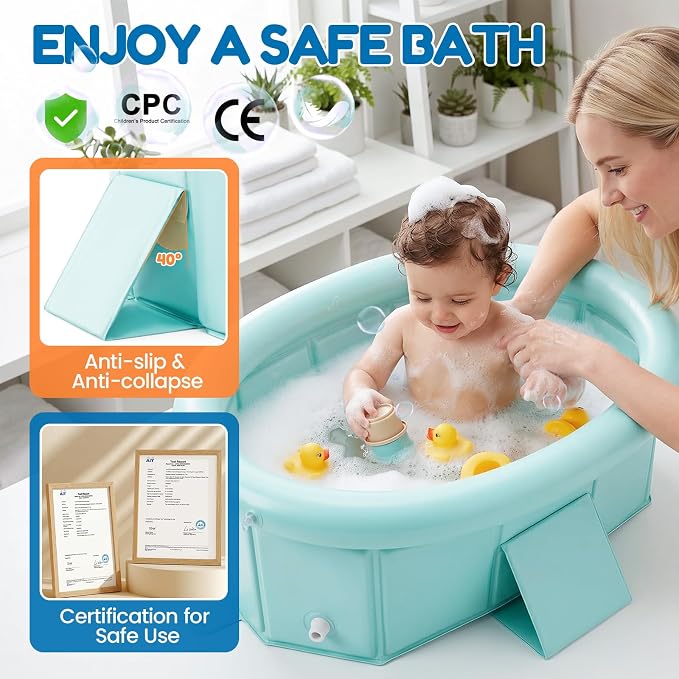 Orzbow Toddler Bathtub with Inflatable Top Edge, Collapsible Baby Bathtub with Side Drain Plug, Portable Bath Tub for Infant Toddler Kids 6M- 6Y Without Assembly, Extra Stable & Durable, Green
