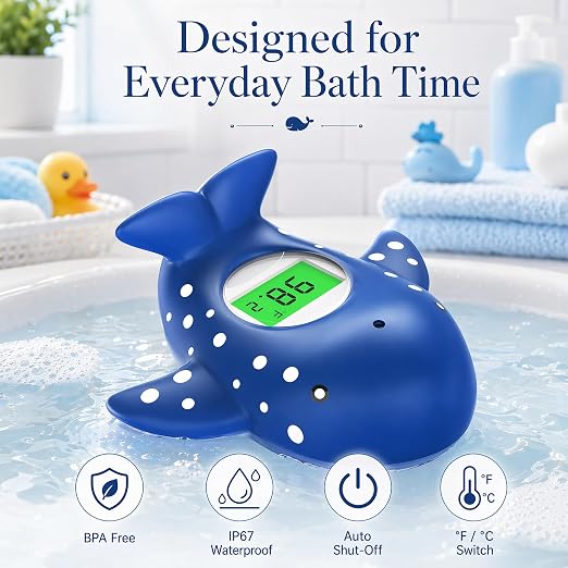 Baby Bath Thermometer for Infant & Toddler,Floating Digital Water Temperature Thermometer with 3-Color LED Backlight, Instant Accurate Reading,Baby Bath Toy,Hot & Cold Alert（Deep Blue Whale）