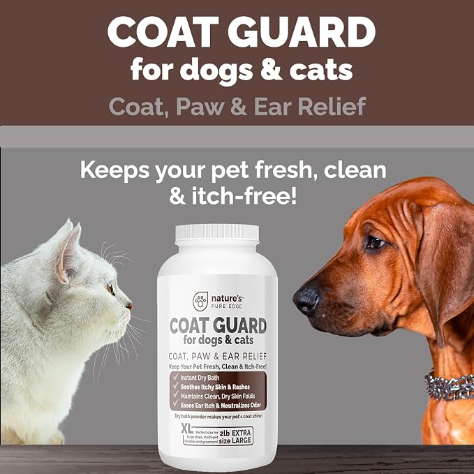 Coat Guard Dry Shampoo for Dogs and Cats - Extra Large 2 lbs Jar, Dog Dry Shampoo Powder, Waterless Dog Shampoo, Anti Itch Relief, Cedar Scented, Anti Dandruff, Hot Spots, Nature's Pure Edge