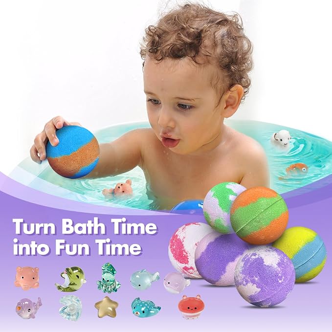 Bath Bombs for Kids with Surprise Inside, 32 Pack Kids Bath Bombs with Land & Sea Animal Toys, Bubble Bath Fizzy Ball for Girls Boys with Bath Toys, Fun Birthday Gift Handmade Child-Safe Bath Bomb