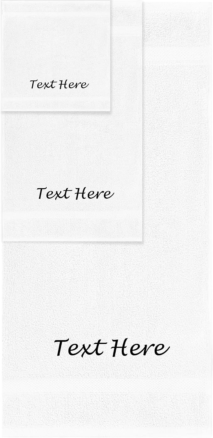Personalized Towels Set - 3 Pack Super Soft & Absorbent Turkish Cotton Towels for Bathroom, Spa, Gym, Pool and Hotels - Includes 1 Bath Towel, 1 Hand Towel, 1 Washcloth - White Towel Set