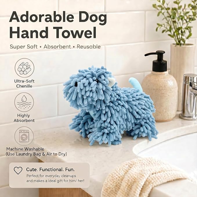 Cute Dog Chenille Hand Towel, 3D Fuzzy Puppy Hangable Ball Hand Towel Microfiber Super Soft Absorbent Bathroom & Kitchen Towels with Hanging Loop, Can Be Placed on the Sink Countertop (Blue)