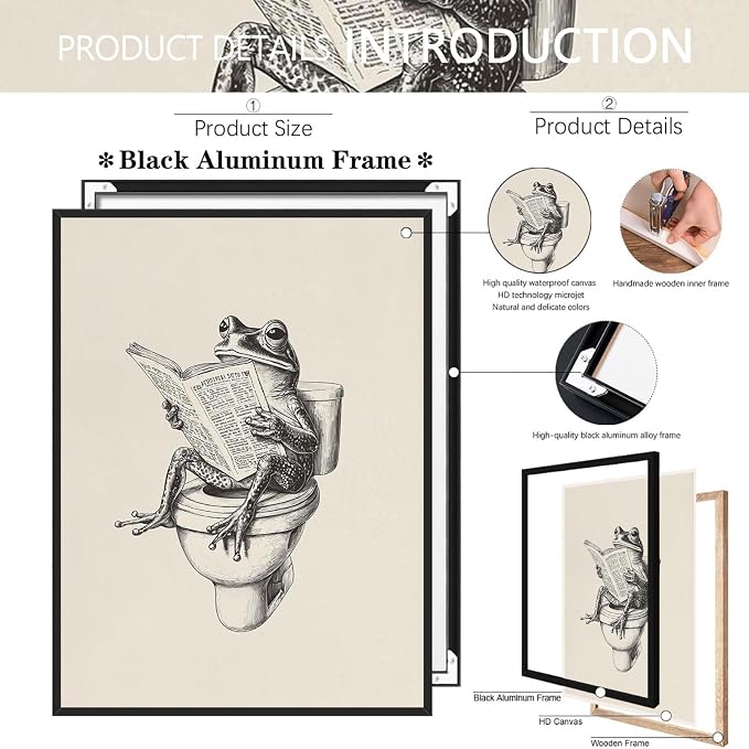 Frog on Toilet Poster – Funny Animal Bathroom Canvas Wall Art Quirky Black & White Frog Reading Newspaper Painting for Playful Restroom Living Room and Bedroom Decor 24X36 in Black Framed