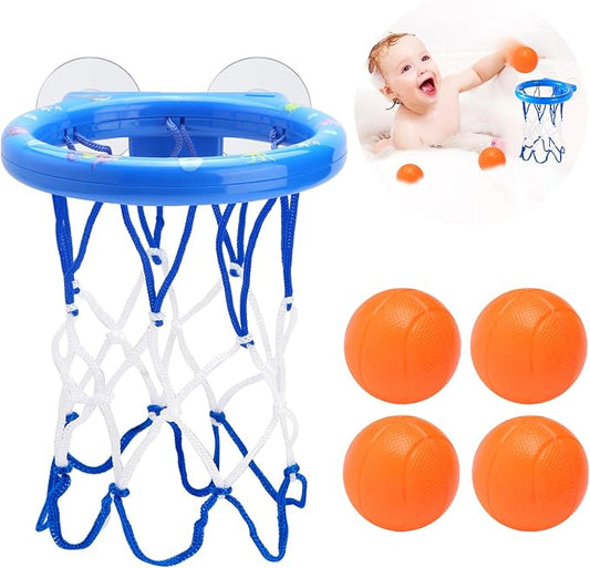 Bath Toy Basketball Hoop Set for Toddlers Ages 1-3 & 4-8, with Strong Suction Cup and 4 Mold-Free Balls, Bathtub Shooting Game for Boys Girls Baby (Ocean Blue)