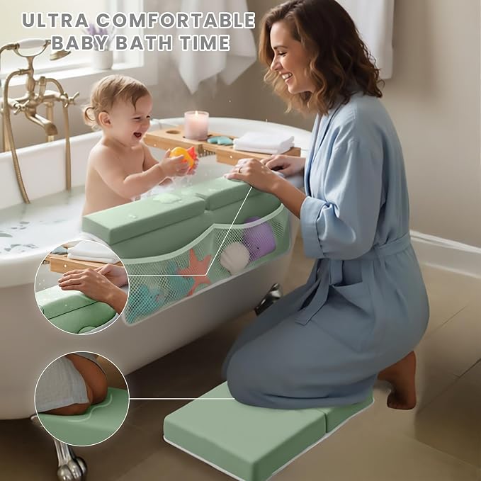 UBRAVOO Baby Bath Kneeler with Elbow Rest Pad, Non-Slip Foam Mat, Quick-Drying Cushion, Foldable Bathtub Support with Toy Storage Pockets for Parents (Green)