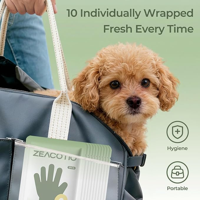 ZeaCotio Pet Wipes for Dogs and Cats, Pet Glove Wipes for Paws, Coat, Face and Butt, Thick Soft Pet Cleaning Wipes for Daily Grooming, Dog Grooming Wipes for Travel and Outdoor Use, 10PCS