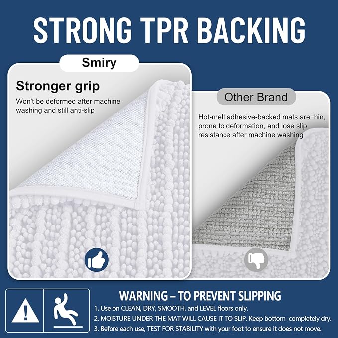Smiry Bathroom Rugs Mat 24x16, Extra Soft Absorbent Chenille Bath Rugs, Non Slip Rubber Backing Machine Washable Quick Dry Bath Mats for Bathroom Floor, Tub, Shower, Home Decor Accessories, White