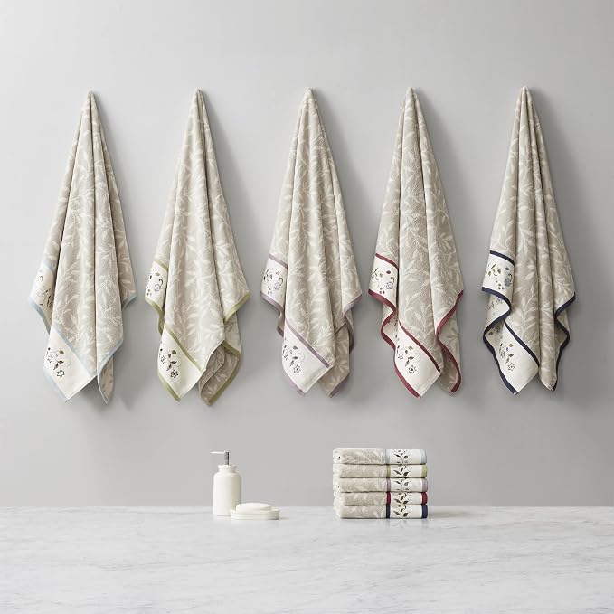 Madison Park Serene 100% Cotton Bath Towel Set Luxurious Floral Decorative Towels for Bathroom Embroidered Cotton Jacquard Design Soft Highly Absorbent for Shower 600 GSM, Multi-Sizes, Red 6 Piece