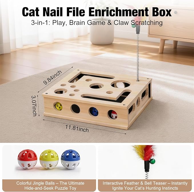 Cat Nail File Enrichment Box for Indoor Cats Solid Wood Cat Scratcher with Built in Sandpaper Self Grooming Puzzle Toy Stress Free Alternative to Cat Nail Clippers & Grinders