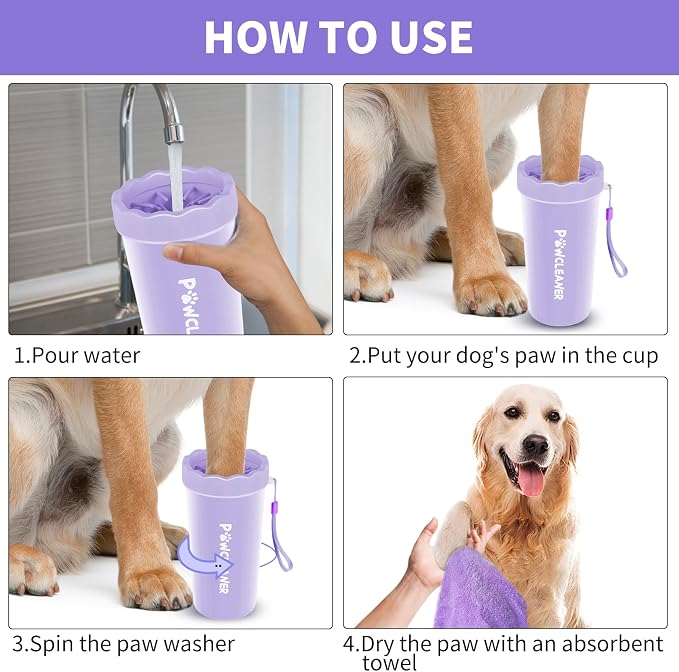 Professional 7 in 1 Dog Paw Cleaner for Dogs & Cats - Includes 1 Portable Paw Washer, 1 Bath Brush, 2 Dog Toothbrushes and 3 Absorbent Towels Note: Fits Paws 2.5 to 3.5 Inches Wide (Large, Purple)