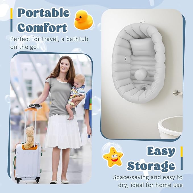 Inflatable Baby Bathtub, Collapsible Baby Bath Back Support, Portable Newborn Travel Bath tub with Drain Hole, Foldable Baby Bath Tubs for Infant to Toddler 0-24 Months (Grey)