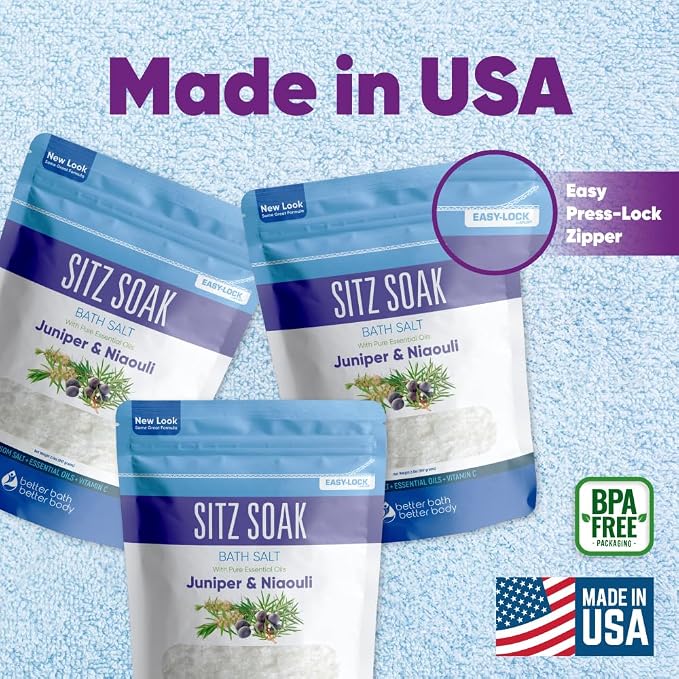 Sitz Bath Salt (3 Pack Soaks Bundle) Hemorrhoid Soothing Sitz Soak USP Grade Epsom Salt 3 Pouches 6 Lbs Total with Pure Essential Oils in BPA Free Pouch with Easy Press Seal Made in USA