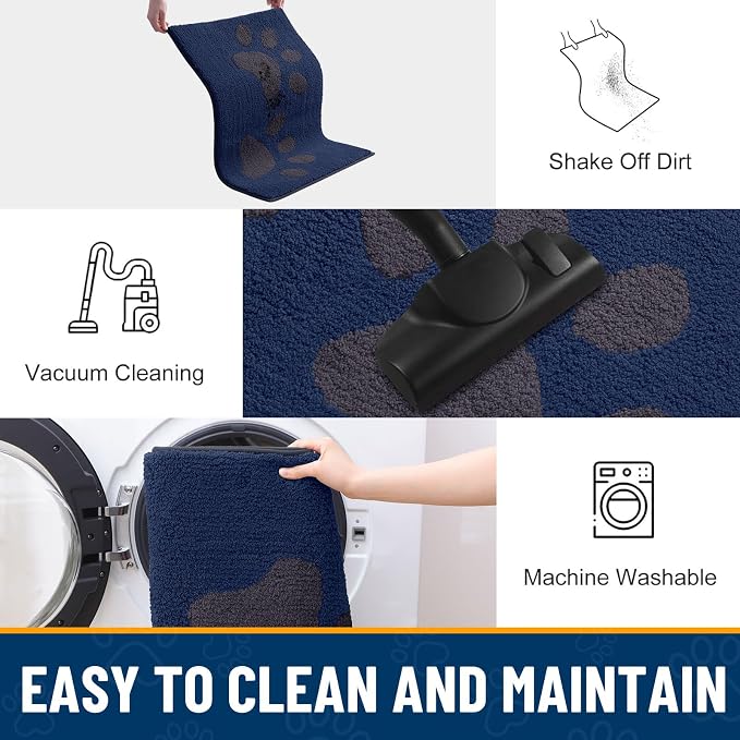 Smiry Dog Door Mat for Muddy Paws, Absorbs Moisture and Dirt, Low-Profile Entryway Mat with Non-Slip Backing, Entry Indoor Outdoor Doormat for Inside Floor (36x24 Inches, Navy Blue, Paw)
