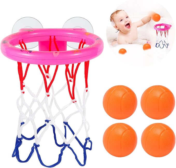 Bath Toys Basketball Hoop Set Strong Suction Cups with 4 Non Porous Balls | Baby Bath Toys for Kids Ages 1-3, Toddler Pool Toys for toddlers 1-4, Pool Toys for Kids Ages 4-8, Mini Basketball Hoop