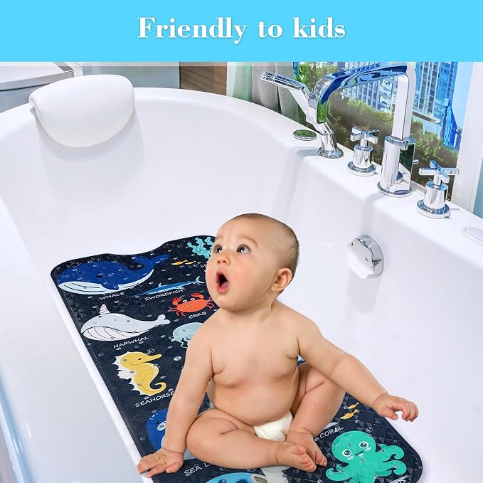 Secopad Bath Mat for Tub Non Slip, Machine Washable Anti-Slip Cartoon Baby Bathtub Shower Mat with Drain Holes and Suction Cups for Toddler & Kids, 40 Inch x 16 Inch, Navy Sea Animals