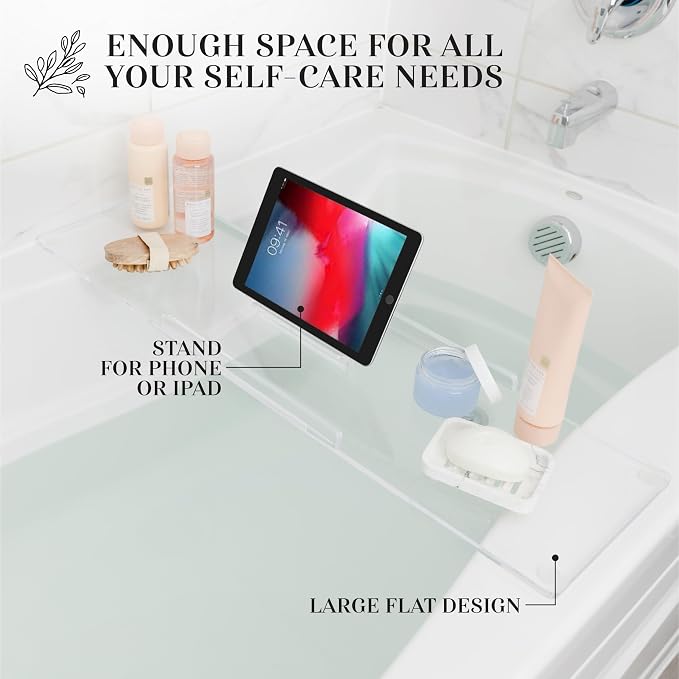 38" Classic-Clear Bathtub Tray Caddy Tub Shelf, Spa Board Luxury Bathroom Bath tub Table, Waterproof Acrylic Tub Caddy Fits Across Bathtub, Book Rack, iPad, Easy To Clean (38")