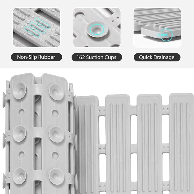 XIYUNTE Shower Mat Non Slip Bath Mat for Tub - 27 X 16 Inch TPE Bathtub Mat Non Slip Shower Mats for Inside Shower, Bath Tub Mat with Powerful Suction Cup, Easy to Cut and Dry, Light Grey