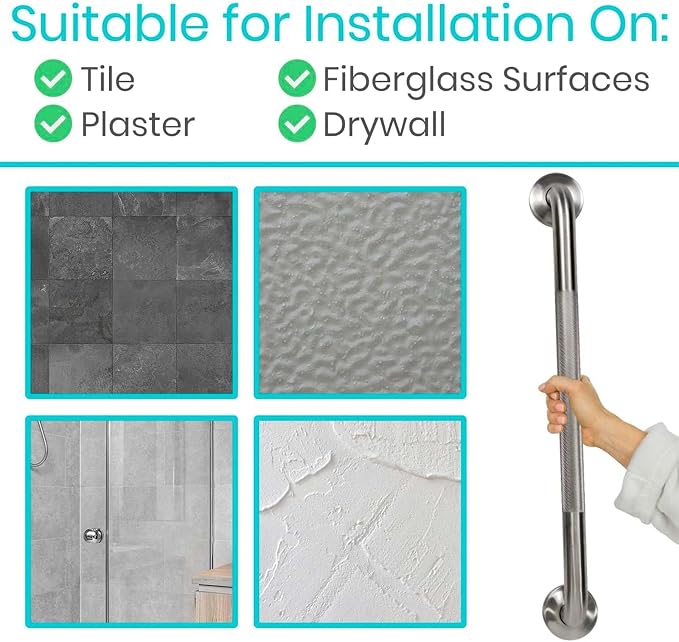 Vive Textured Shower Bars for Elderly | Metal Bathroom Safety Rail, Anti-Slip Shower Handle, Stainless Steel Wall Handrail, Heavy Duty Handicap Support, 440 lb
