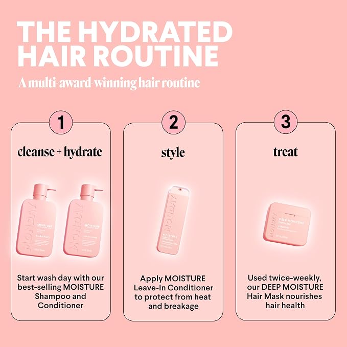 MONDAY HAIRCARE Moisture Shampoo + Conditioner Set for Dry, Coarse, Stressed, Frizzy Hair, Made with Coconut Oil, Rice Protein, Shea Butter and Vitamin E, All Natural, 12 fl oz (Pack of 2)