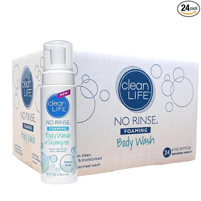 No-Rinse Foaming Body Wash, 8 fl oz (Pack of 24): Waterless, Rinse Free Foam Cleanser Leaves Skin Clean and Moisturized - Effective Perineal Wash Providing Cleansing Foam for Elderly, Adults, Camping
