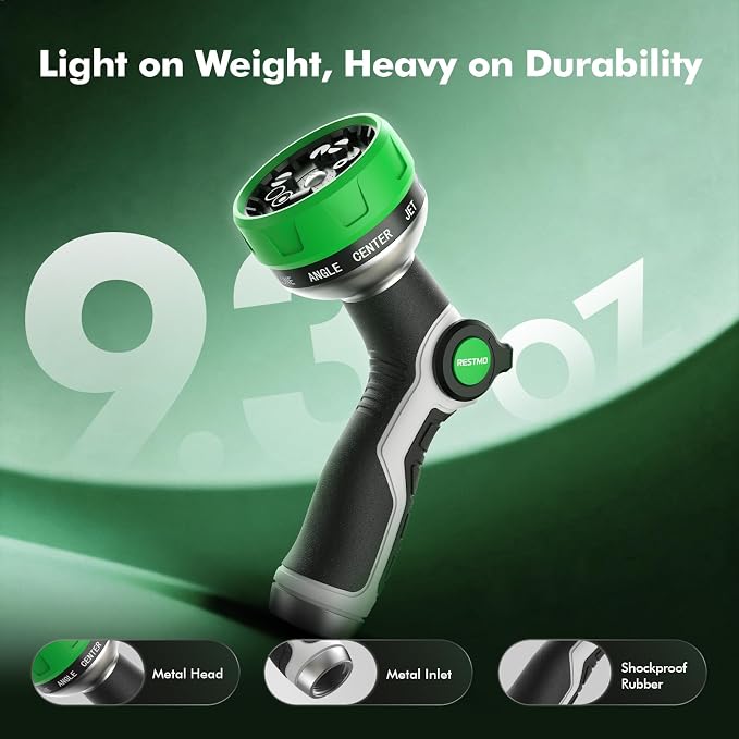 [2 Pack] RESTMO 10-in-1 Water Hose Nozzle, Garden Hose Sprayer with 10 Adjustable Spray Patterns, Easy Thumb Control for Flow Adjustment, Ideal for Watering Plants & Lawns, Washing Cars & Pets, Green