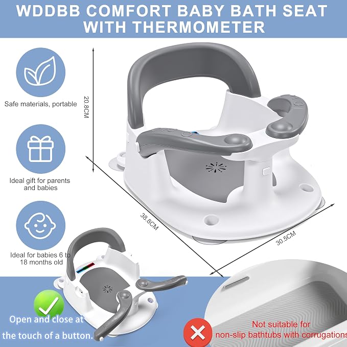 Baby Bath seat for Babies 6 Months & up, 360° Stable Toddler Bath Chair with one-Touch Button, Back Hollow Design, Water Temperature Card & 4 Suction Cups for Safety (Dark Gray)