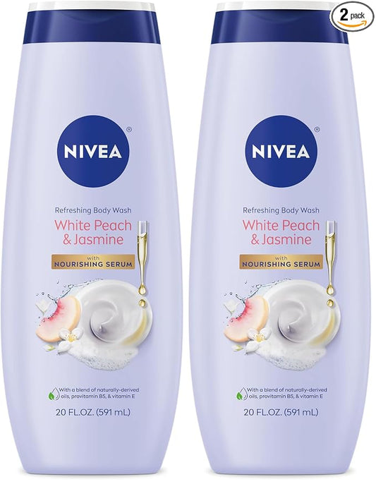 NIVEA Refreshing White Peach and Jasmine Body Wash with Nourishing Serum, Scented Body Wash for Women, Enriched with Provitamin B5 and Vitamin E, 20 Fl Oz Bottle, (Pack of 2)