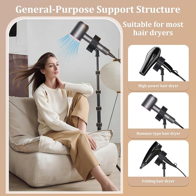 Hands Free Hair Dryer Stand with Tripod, 26-76 Inch Adjustable Height, 180° Rotating Universal Clip, Foldable Metal Blow Dryer Holder for Bathroom Vanity Makeup Room Home Styling & Pet Grooming, Fits Most Hair Dryers