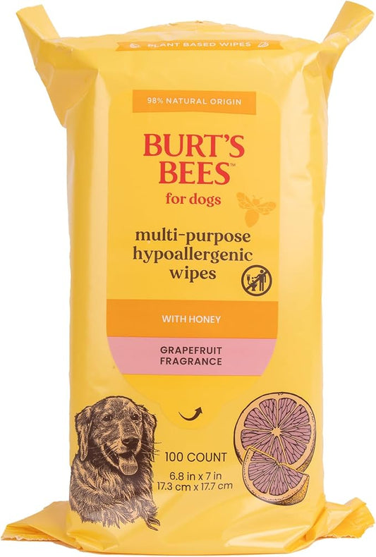 Burt’s Bees for Pets Multipurpose Dog Wipes, Honey and Grapefruit Scent - Hypoallergenic, 98% Natural Origin Wipes That Cleanse and Deodorize, Gentle Formula, 100 Count