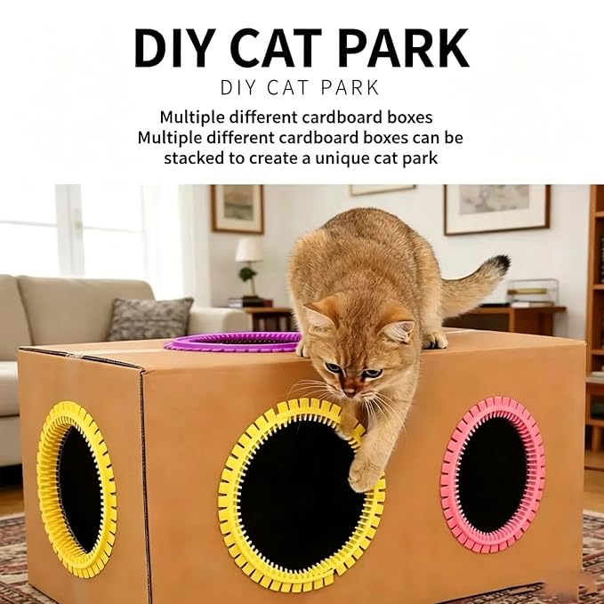 3-Pack Cat Self Groomer for Cardboard Box, Scratch Brushes with Box, Interactive Cat Arch Self Groomer with Scratching Pad, DIY Grooming Brush Ring, Hideouts & Enrichment Play (Purple Pink Yellow)