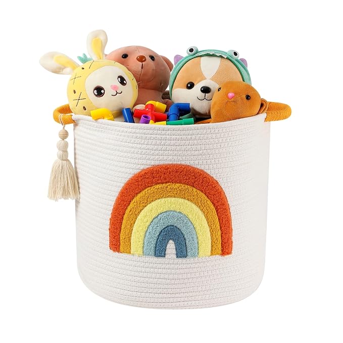 Toy Storage Baskets Woven Cotton Rope Storage Basket Kids Blanket Baskets for Living Room, Toys Organizer with Embroidery Colorful Rainbow Decor, Baby Basket for Laundry Nursery (Boho Rainbow)