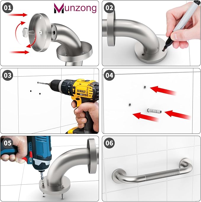 3 Pack Commercial Handicap Grab Bars Bundle,Munzong 12" 16" 16" Brushed Nickel Bathroom Grab Bar for Shower, Stainless Steel Anti Slip Bathroom Balance Bar,Safety Hand Rail for Elderly Injury Senior