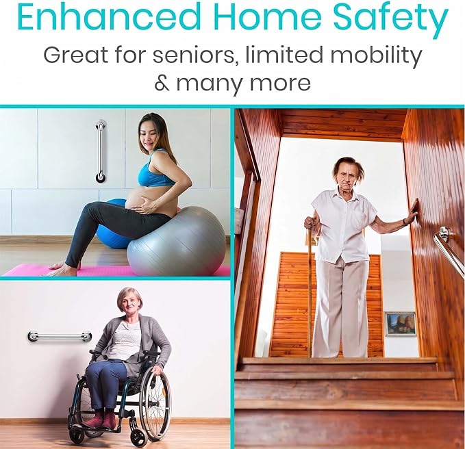 Vive Grab Bar for Showers - Bathroom Antislip Handrail for Seniors, Elderly Assistance Product, Heavy Duty Shower Handles, Handicap Grab Bars, Stainless Steel, Multipurpose, 440 lbs (Polished)