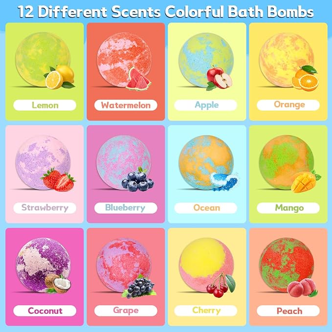 Bath Bombs for Kids with Toys Inside, 12-Pack Colorful Surprise Bath Fizzies Set with 12 Fruit & Food Toys + Mini Fridge + 6 Plates, Fragrant & Rich Bubbles, Organic Fizzy Bubble