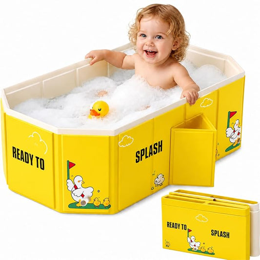 OhSoBig Collapsible Toddler Baby Bathtub - Foldable Portable Tub for Shower & Home, Non-Slip Base with Cushioned Bottom, Drain Plug,Space-Saving & Travel Tub (Multi-Color Yellow Duck)
