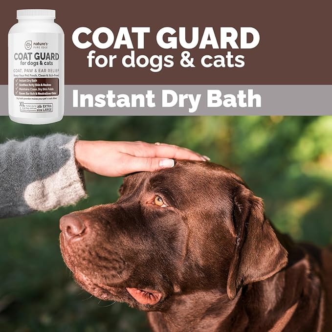 Coat Guard Dry Shampoo for Dogs and Cats - Extra Large 2 lbs Jar, Dog Dry Shampoo Powder, Waterless Dog Shampoo, Anti Itch Relief, Cedar Scented, Anti Dandruff, Hot Spots, Nature's Pure Edge