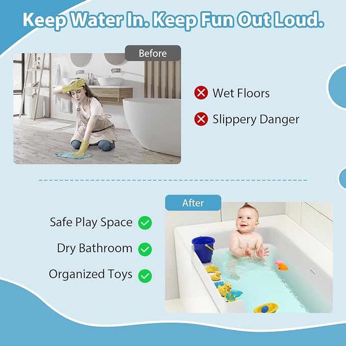 Bathtub Splash Guard Play Shelf Over Tub 31” with Strong Suction Cups, Silicone Tub Water Guards Toy Tray Holder No Mess Water Spill in Bathroom-White