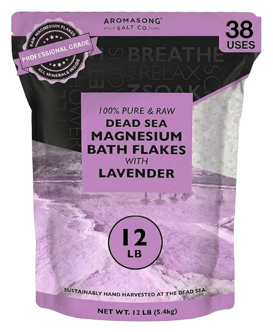 Aromasong RAW Magnesium Bath Flakes with 100% Natural Lavender, 12 Lb. Bulk Muscle Relaxing Organic Salts Mg Chloride, Mineral Soak Salt.