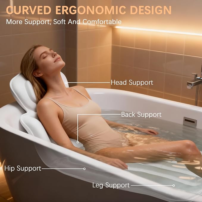Full Body Bath Pillow for Bathtub - Thick Bathtub Cushion, Bathtub Pillow with 114 Suction Cups, 5D Air Mesh Bath Pillows for Tub Full Body, Head Neck Back Support, White 59 x 20 in