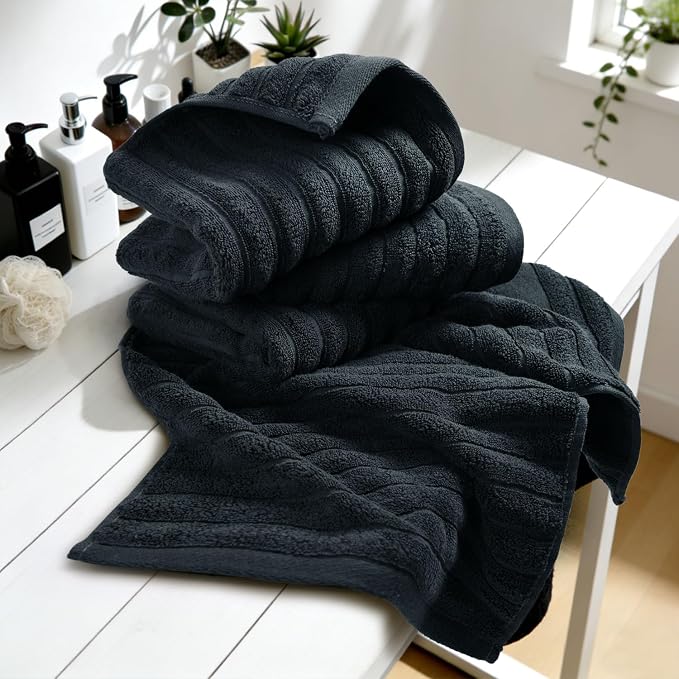 Jacquotha 4-Pack Bathroom Hand Towels (Black) Ribbed – Guest Room & Spa Premium Cotton Face Towels 13” x 29”, Soft and Quick Drying 480 GSM