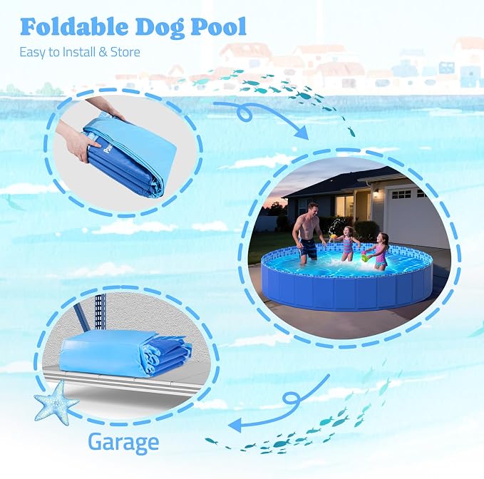 Foldable Dog Pool with RGB LED Light, 87" Collapsible Hard Plastic Kiddie Swimming Pool with Remote for Small Medium Large Doggie Kitty Puppy, Pet Bathing Tub Wading Pool for Dogs Blue