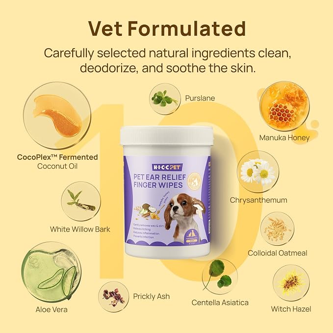 HICC PET Ear Cleaner Finger Wipes for Dogs & Cats, Clean Wax, Dirt & Odor, Soothing Itchy Ears, Gentle and Hypoallergenic Ear Cleaning Wipes for Daily Care-100ct(Honey Scent)