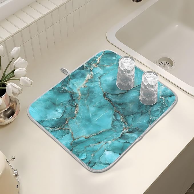 Teal Marble Pattern Dish Drying Mat, Absorbent Drainer Mats for Kitchen Counter Coffee Maker 24"x18"