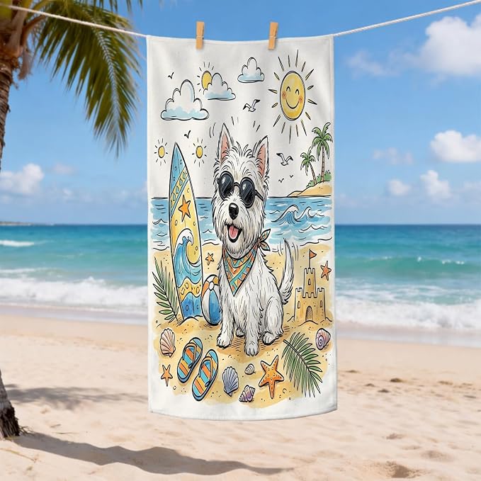 Cute Westie Dog Beach Towels for Adults Coastal Beach Shells Quick Dry Bath Towel, Pet Soft Lightweight Blanket Travel Pool Camping Essentials 31x62 Inch