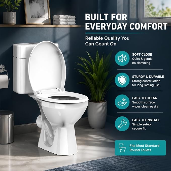 Round Toilet Seat 16.5 Inch, Soft Close Toilet Seat, Quiet No Slam Toilet Lid, Easy Install & Quick Release, Durable PP Plastic, Easy Clean, Fits Most Standard Round Toilets, White