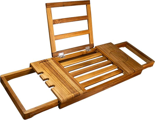 EcoDecors Expandable Teak Bathtub Tray Caddy – Adjustable Wooden Bath Tub Tray with Wine Glass Holder, Book & Tablet Stand, Spa Bath Caddy Organizer, Waterproof Solid Teak Bath Shelf