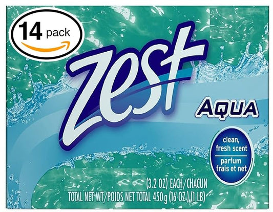 Zest (PACK OF 14 BARS) AQUA Deodorant Bar Soap with Vitamin E. All-in-one exfoliating & moisturizing soap Leaves Skin Smooth & Radian! Great for Hands, Face & Body! (14 Bars, 3.2oz Each Bar)