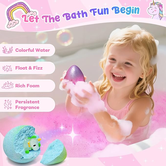 Unicorn Bath Bombs with Surprise Toys Inside, Girls Birthday Gifts | Natural Organic Fizz Bubble Bath, Boo Basket Stuffers, Christmas Stocking Stuffers for Girls, Daughter, Granddaughter, 3+