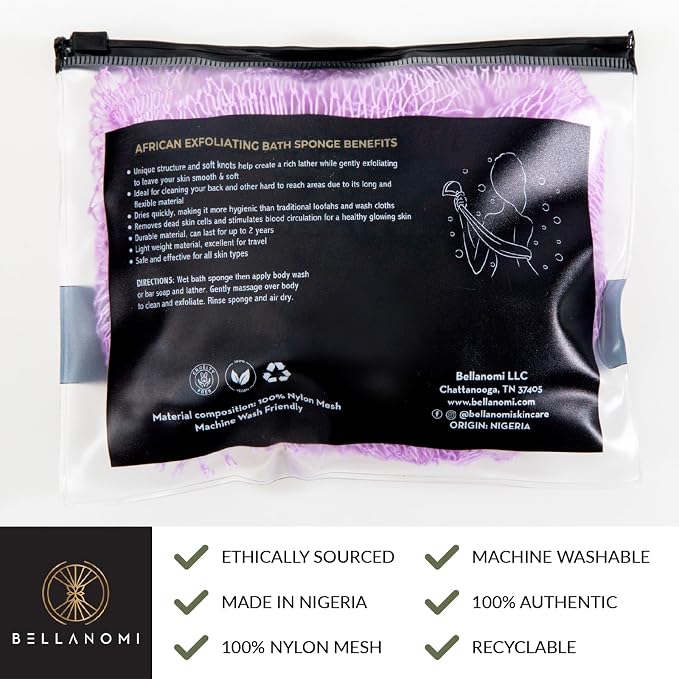 BELLANOMI African Exfoliating Net Sponge, Authentic, Ethically sourced from Nigeria, 45 inches Long, Back Scrubber for Daily use (Lilac)